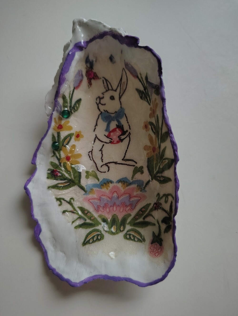 Whimsical rabbit decoupaged and resined oyster shell trinket holder decoration